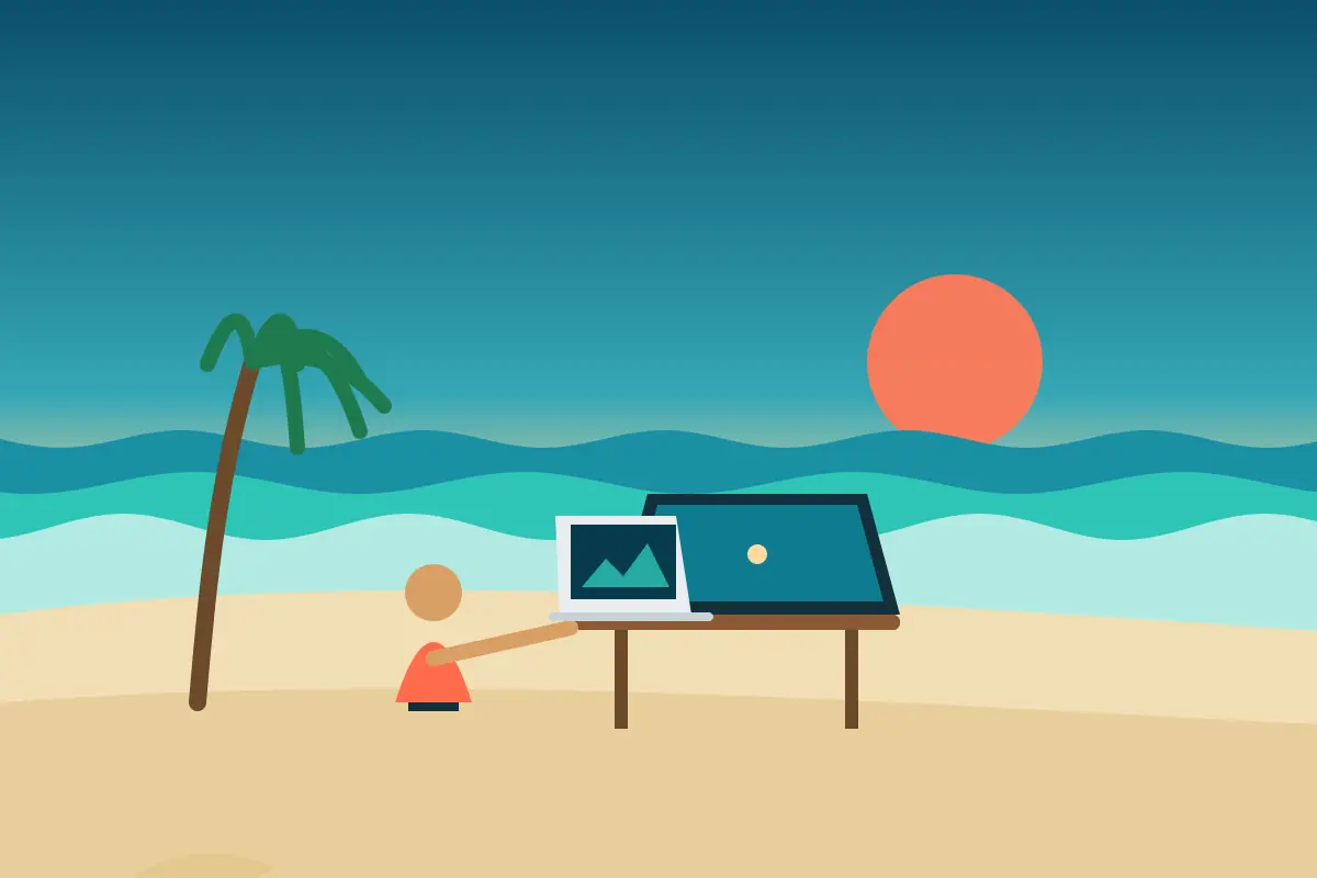 Stylised illustration of a freelancer working on a laptop under a beach umbrella beside a palm tree and calm sea at sunset